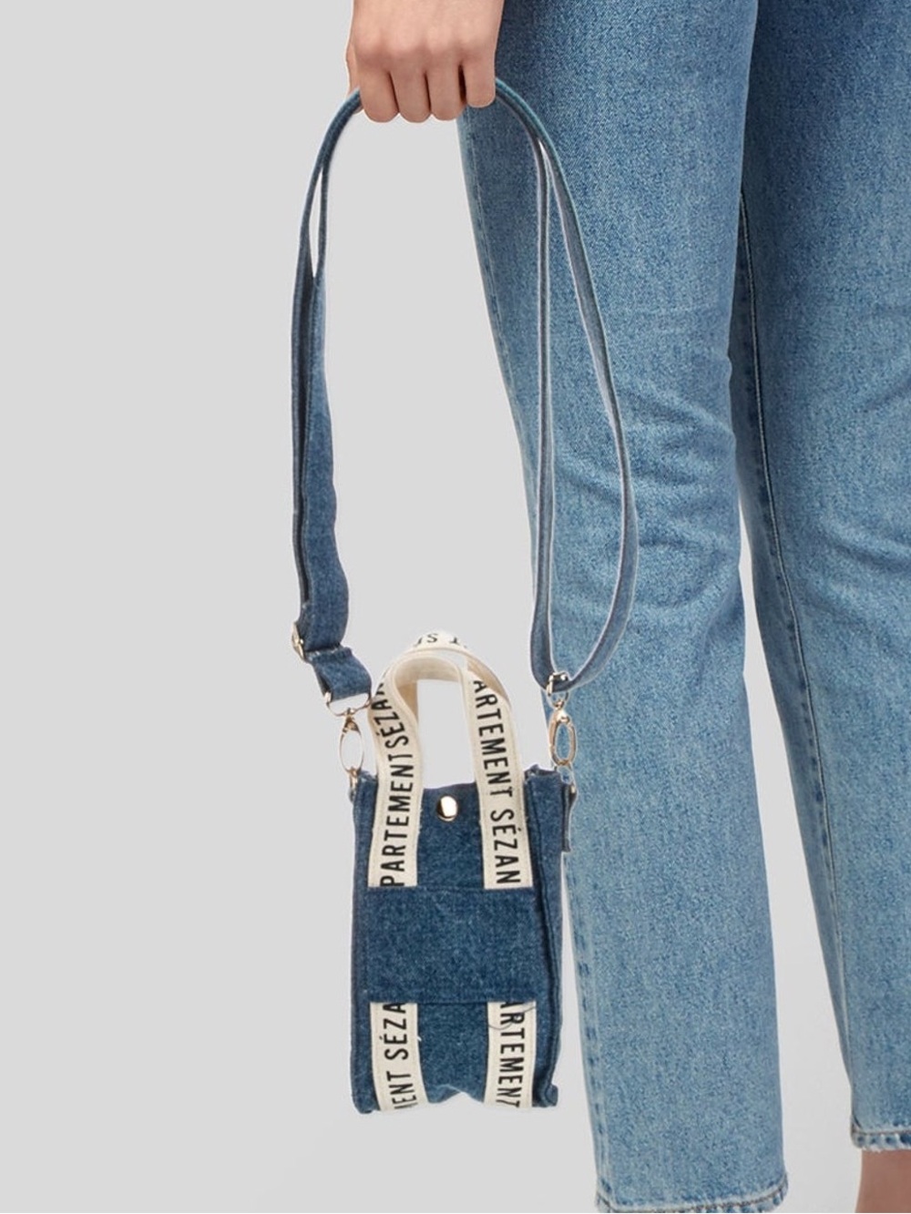 Sezane Denim cellphone top handle bag
